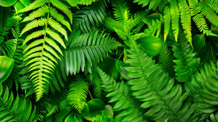 Ferns in the forest, a closeup shot with soft focus, sunlight filtering through leaves creating dappled light and shadows on the green fern fronds, lush vegetation with vibrant colors in a tranquil at