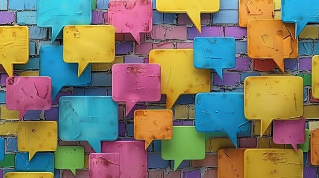 "Colorful Conversation: A Wall of Multicolored Speech Bubbles"