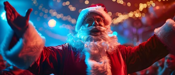 Santa Claus dancing energetically on a nightclub dance floor during a party. Concept Christmas Dance Party, Jolly Santa Claus, Festive Celebration, Nightclub Vibes - obrazy, fototapety, plakaty