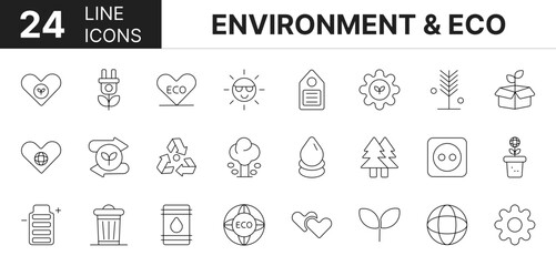 Collection of 24 environment & ecology line icons featuring editable strokes. These outline icons depict various modes of environment & ecology. green power, eco energy, green energy, green tree,