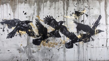 Naklejka premium Old concrete wall with a silhouette of a raven, golden elements.
