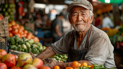 An elderly man selling fruits at a market.