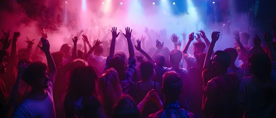 Fototapeta na wymiar Youthful crowd dancing energetically to electronic beats in nightclub discotheque. Concept Nightclub Scene, Energetic Dancing, Electronic Beats, Youthful Crowd, Discotheque