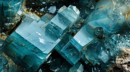 Closeup of Grandidierite crystals, showcasing their blue hues with intricate patterns. Set against the backdrop of natural crystals in various shapes and sizes