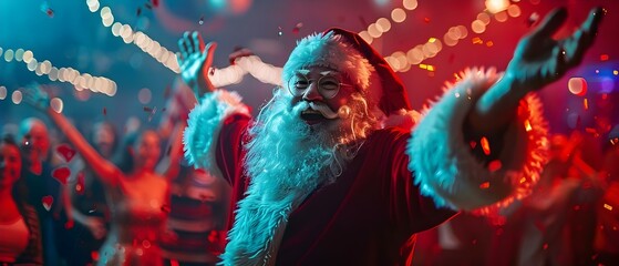 Santa Claus showing off his dance moves at a lively nightclub party. Concept Christmas Party, Santa Claus, Dance Moves, Nightclub, Festive Celebration - obrazy, fototapety, plakaty
