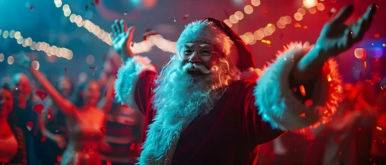 Fotobehang Santa Claus showing off his dance moves at a lively nightclub party. Concept Christmas Party, Santa Claus, Dance Moves, Nightclub, Festive Celebration © Ян Заболотний