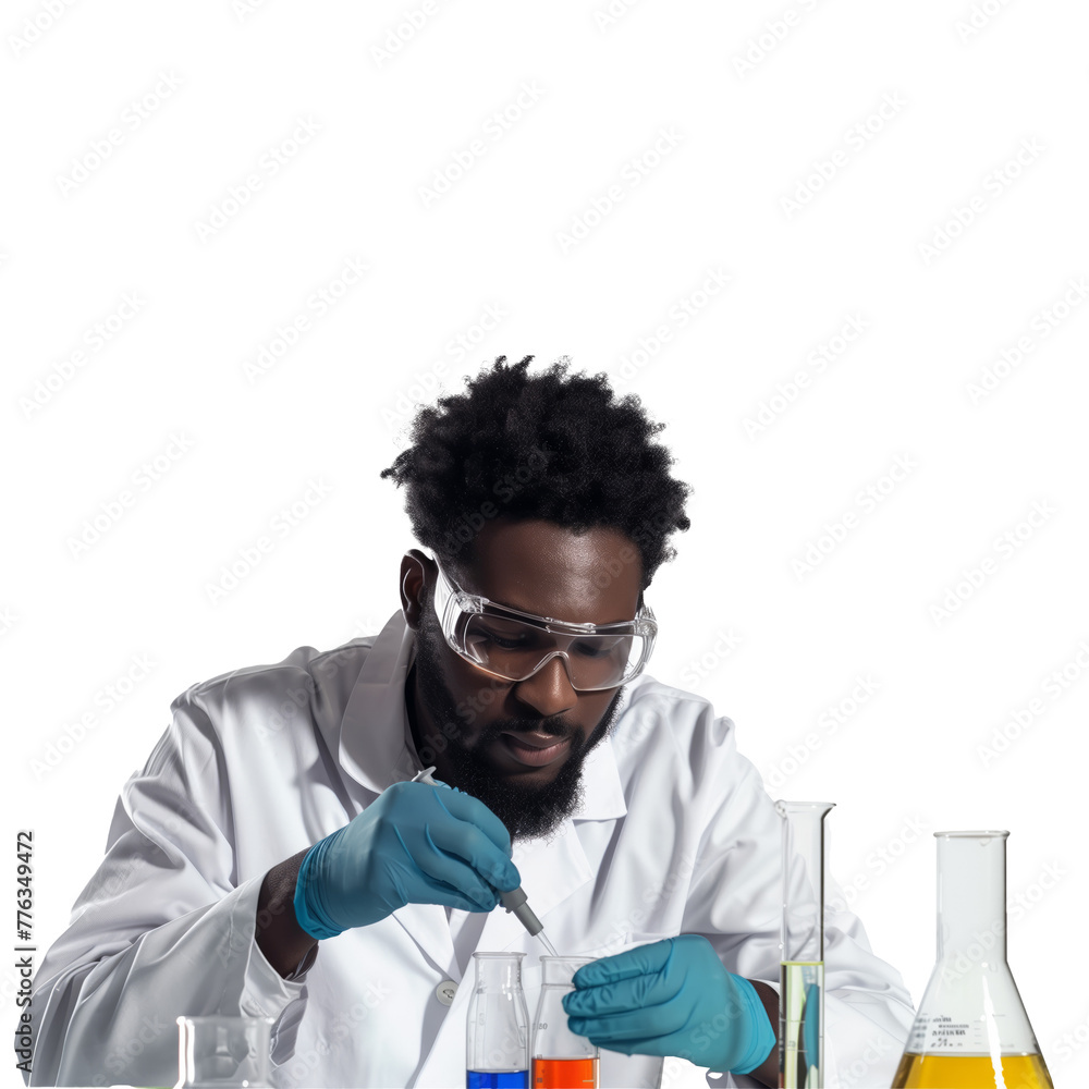 Poster scientist performing an experiment with colorful liquids