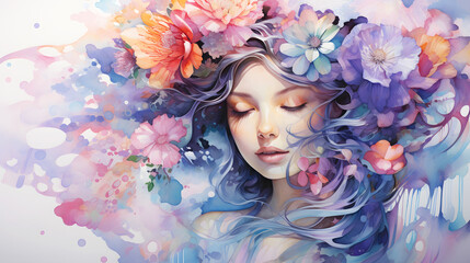 A fantasy illustration depicting a serene woman with her hair intertwined with vibrant, colorful flowers, and watercolor accents