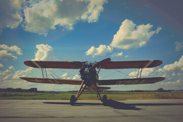 Vintage Biplane on Sunny Runway