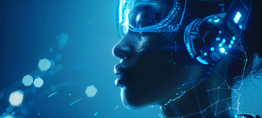A digital and futuristic background is illuminated by blue lights with a close-up of a woman's face in profile wearing high-tech glasses on the right side