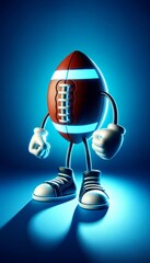 Anthropomorphic American football ball with arms and legs on an blue background