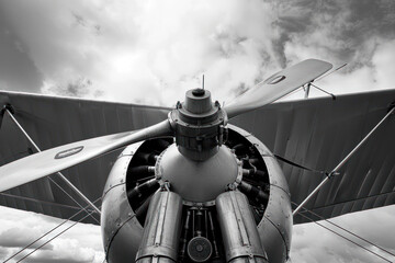 A black and white image focusing on the powerful engine and propeller of a vintage biplane against a dramatic cloudy sky.