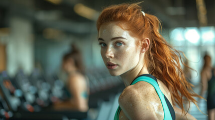 Young redhead woman in the gym