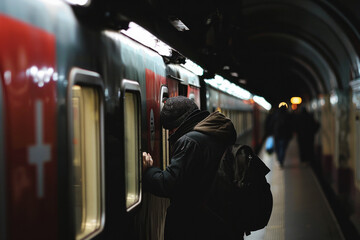 Commuter Boarding the Train in a City Subway