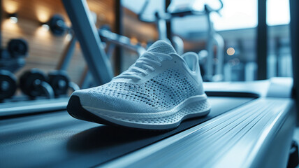 Close-up of a sneaker on a treadmill in a gym