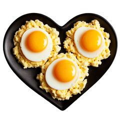 Three fried eggs lie on a heart-shaped plate on a transparent and white background. PNG.
