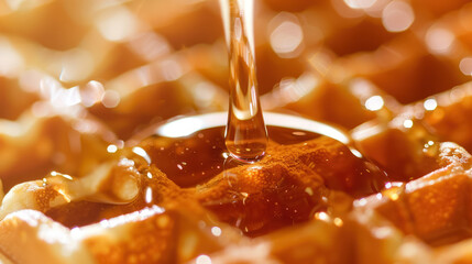 closeup of syrup pouring over freshly baked waffles, golden and delicious - obrazy, fototapety, plakaty