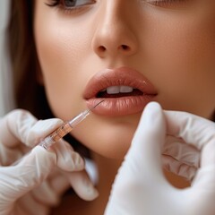 A woman is receiving a botox injection on her lips