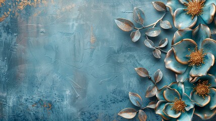 Decorative blue volumetric flowers on an old concrete wall. - obrazy, fototapety, plakaty