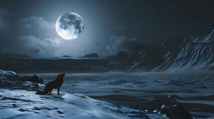 A wolf howling under a full moon, casting an eerie glow over a snowy landscape, with room for text...