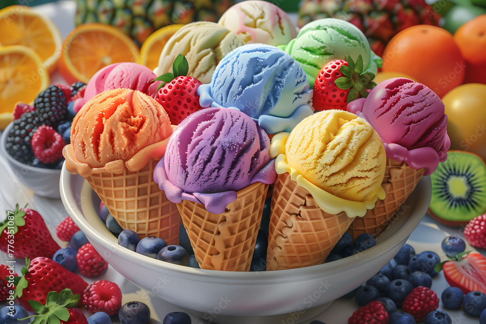 Wall mural ice cream cones in a white bowl with different fruit on the side