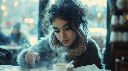 Woman contemplating in a cafe - obrazy, fototapety, plakaty