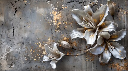 Obrazy na Plexi  White lilies on an old concrete wall with gold elements.