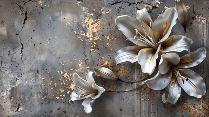 Poster Im Rahmen White lilies on an old concrete wall with gold elements. © MiaStendal