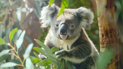 Fototapeta premium An adorable koala munching on eucalyptus leaves, captured in sharp detail against a softly blurred backdrop of lush greenery, offering plenty of room for text overlay