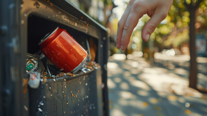 A hand throwing away a can into a street bin. - obrazy, fototapety, plakaty