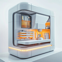 white machine for production of medicines, with big display, glowing orange lines, white background