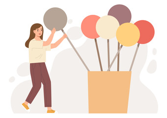 Young female picking one blank sign stick out of others. Concept of selection, choosing at random. Draw lots character. Flat vector illustration cartoon. Picking choices. Blank space for massage.