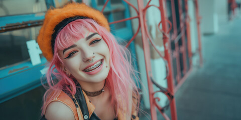 Beautiful happy teenage girl with pink punk hair, hat and smile with teeth braces, copy space on urban city street background