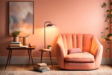A cozy reading nook with a plush armchair and a stack of books, bathed in the warm glow of a soft pastel peach lamp on a side table