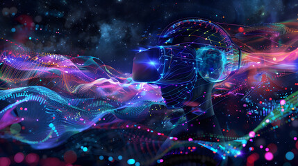 Abstract background virtual reality with colorful waves and futuristic elements, with holographic vr headset on head in the center of composition stars and galaxies Futuristic VR