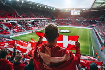 A group of people cheering and waving danish flags on a football match in a stadium