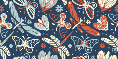 Retro boho style seamless wallpaper. Vector background with moth, butterflies and dragonfly. Dark spring garden aesthetic. Limited palette seamless graphic for fabric, backdrop