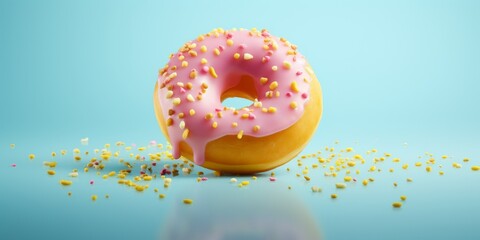 Pink Donut doughnut with sugar sprinkles on light blue background, copy space. Colorful carnival or birthday party card. Happy National donut day Concept. Generative ai