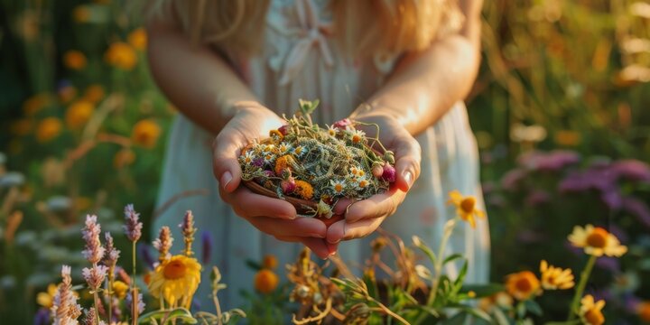 Young woman collects and dries medicinal herbs and flowers on nature sunny background. Herbal alternative medicine for holistic healing, healthy lifestyle concept. Generative ai