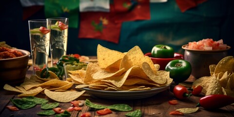 Mexican nachos chips for Cinco de Mayo holiday party celebration, bright  background. Fifth of May celebration concept. Mexican background fiesta holiday time. Generative ai