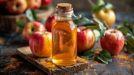Homemade apple cider vinegar or juice in glass bottle. Healthy organic food, fermented fruit drink. Autumn harvest concept. Home-brewing. Generative ai