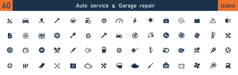 Auto service, garage, car, 60 icons set. Repair cars, car detail. Vector illustration.