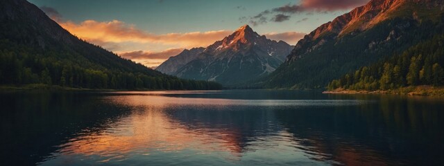 Serene mountain lake during sunset, with the sun setting behind the jagged peaks, casting a warm orange glow over the landscape. Generative AI
 - obrazy, fototapety, plakaty