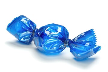 Blue Glossy Candy Wrapped in Foil Isolated on White Background, Sweet Food Concept