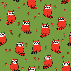 Naklejka premium Vector seamless repeating childish pattern with cute raccoon in doodle style. Animals background for invitation, poster, card, flyer, textile, fabric