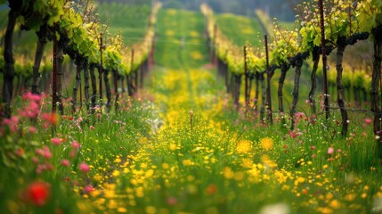 Colourful Blooming in Organic Vineyard in Velke Bilovice, Moravia, Czech Republic - Agriculture and Countryside Conservation Background - obrazy, fototapety, plakaty