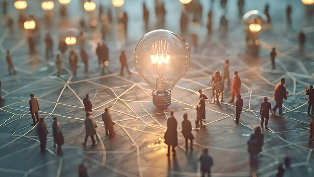 People walking around a lightbulb representing an idea 