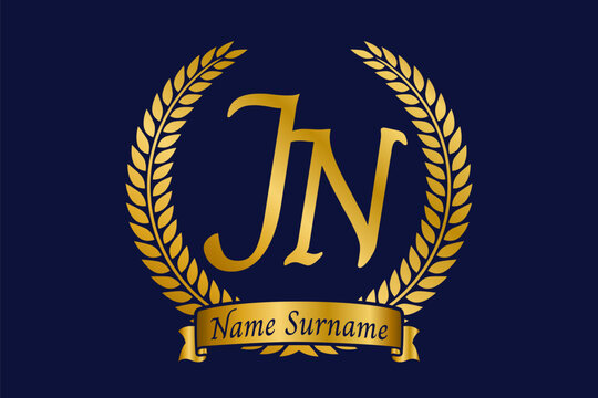 Initial letter J and N, JN monogram logo design with laurel wreath. Luxury golden calligraphy font.