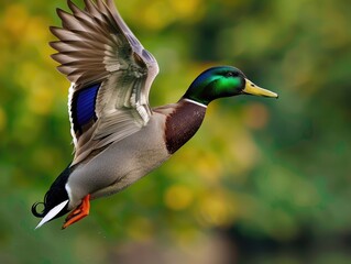 Obraz premium Green-winged Mallard Drake in Full Flight. Male Anas Platyrhynchos Bird during Migration Season - Perfect for Hunting Themes