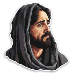 Contemplative Visage: Sticker of a Pensive Bearded Man Shrouded in a Hooded Cloak